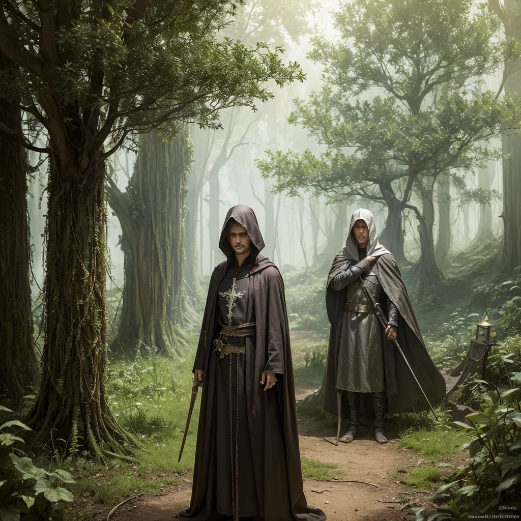 Magician dressed like a Crusader (dirty crusader's robe), we see him beside strange tree mysterious, complex, meticulous, impressionism, seb mckinnon, surrealism, post-impressionism, seb mckinnon, digital painting, detailed