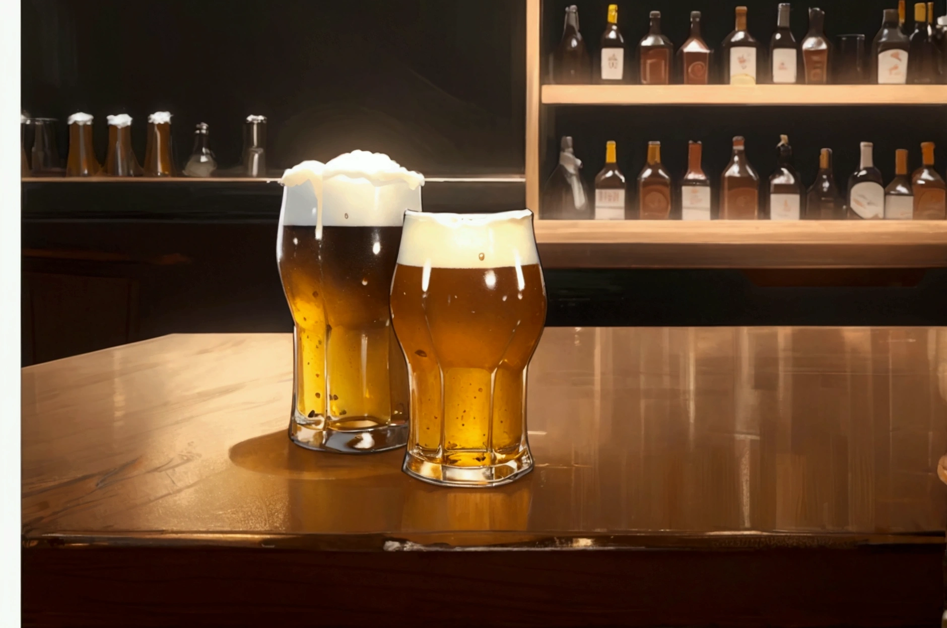 A bottle of beer with a glass of beer next to it on a bar counter, realistic image and consistent with what is described
