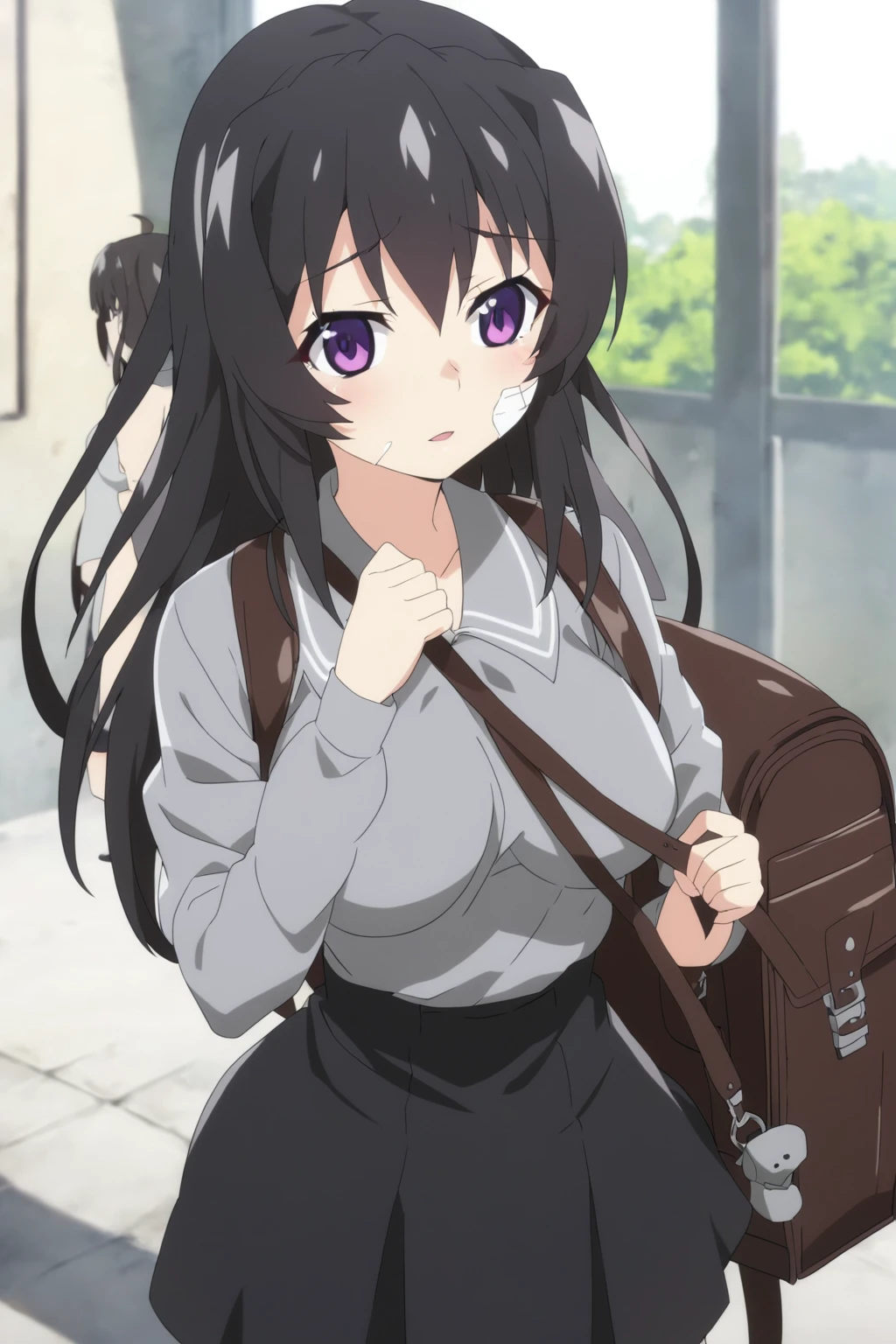 anime girl with a backpack and a mask on her face, purple eyes, anime moe artstyle, cute anime waifu in a nice dress, anime visual of a cute girl, beautiful anime high school girl, gray shirt, short skirt, anime girl with long hair, long straight hair, high quality anime artstyle, from girls frontline, anime style 4k, mature anime girl, anime girl wearing a black dress, kantai collection style,black shiny hair, normal breast