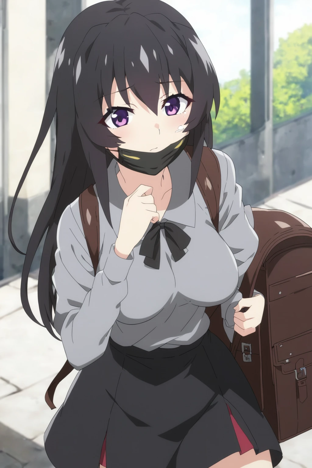 anime girl with a backpack and a mask on her face, purple eyes, anime moe artstyle, cute anime waifu in a nice dress, anime visual of a cute girl, beautiful anime high school girl, gray shirt, short skirt, anime girl with long hair, long straight hair, high quality anime artstyle, from girls frontline, anime style 4k, mature anime girl, anime girl wearing a black dress, kantai collection style,black shiny hair, normal breast