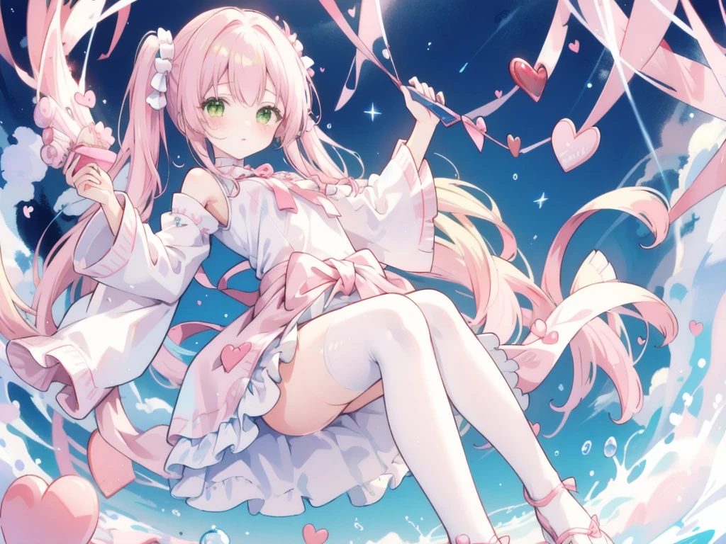 She has olive green eyes and long blonde hair that is braided over her shoulders., Tied with a little ribbon and a heart, Pale pink scrunchie, Red Clip. Her hair color is lighter、It stretched very long, Worn in pigtails tied with a deep pink ribbon with a red heart. she金のハートのイヤリングを手に入れた. she、With white ruffle trim、She is wearing a pale pink ruffled dress with a pink lined band down the center。. A white ribbon with a ruby heart on the chest, A yellow ribbon is tied around her waist、Fastened with a small heart、A wallet is hanging from it. Her shoes are pale pink.、The soles are pink、It comes with white ruffled leg warmers that match the sleeves.。, Adorned with a pink ribbon and a ruby heart.