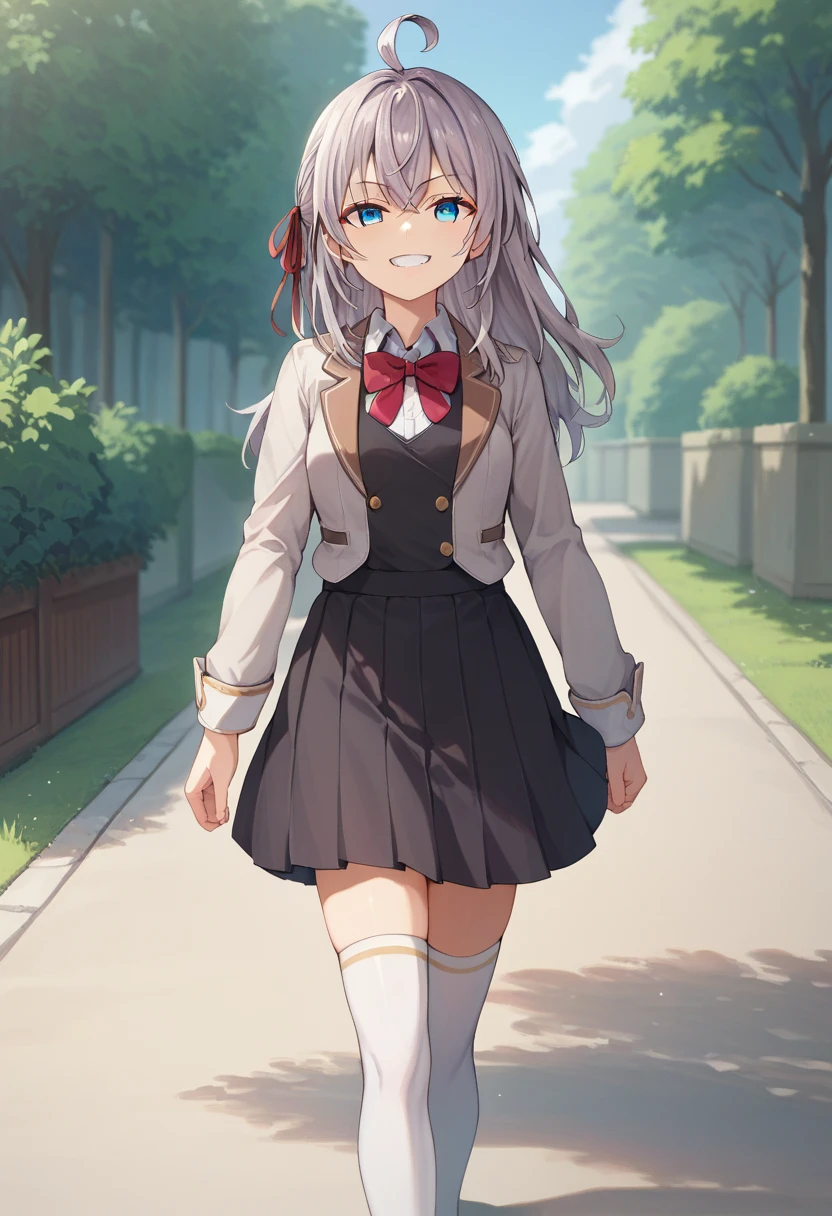 score_9, score_8_up, score_7_up, source_anime, 1girl, alya, grey hair, long hair, ahoge, hair ribbon, blue eyes, , bowtie, black skirt, white thighhighs, grin, looking at viewer, walking, pov, outdoors 