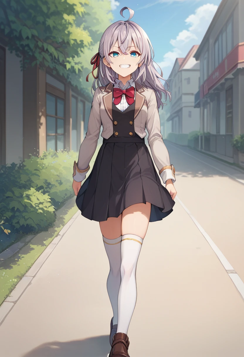 score_9, score_8_up, score_7_up, source_anime, 1girl, alya, grey hair, long hair, ahoge, hair ribbon, blue eyes, , bowtie, black skirt, white thighhighs, grin, looking at viewer, walking, pov, outdoors 