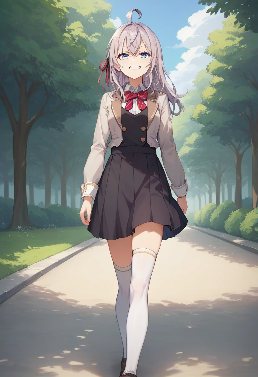 score_9, score_8_up, score_7_up, source_anime, 1girl, alya, grey hair, long hair, ahoge, hair ribbon, blue eyes, , bowtie, black skirt, white thighhighs, grin, looking at viewer, walking, pov, outdoors 