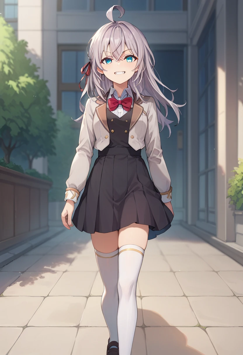 score_9, score_8_up, score_7_up, source_anime, 1girl, alya, grey hair, long hair, ahoge, hair ribbon, blue eyes, , bowtie, black skirt, white thighhighs, grin, looking at viewer, walking, pov, outdoors 