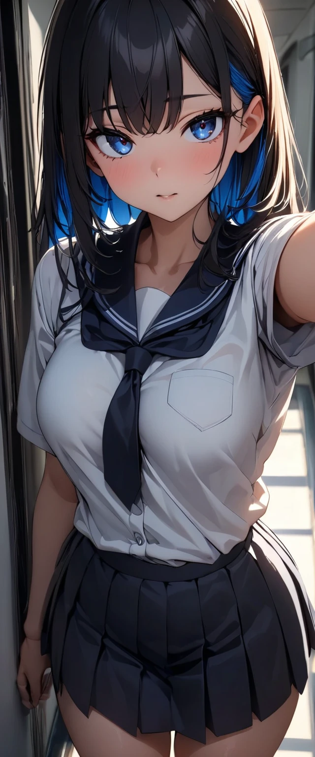 (high quality, 8k, 4K, High Contrast, masterpiece:1.2, 最high quality, Best aesthetics), 1 Female, (Real skin texture:1.3), (Film Grain:1.3), (Selfie angle, High angle), One girl, Beautiful and detailed eyes and face, 最high quality, close, cowboy shot blackhair , Blue inner hair Whiteshirt darkBlue skirt (transparent black bra) School corridor