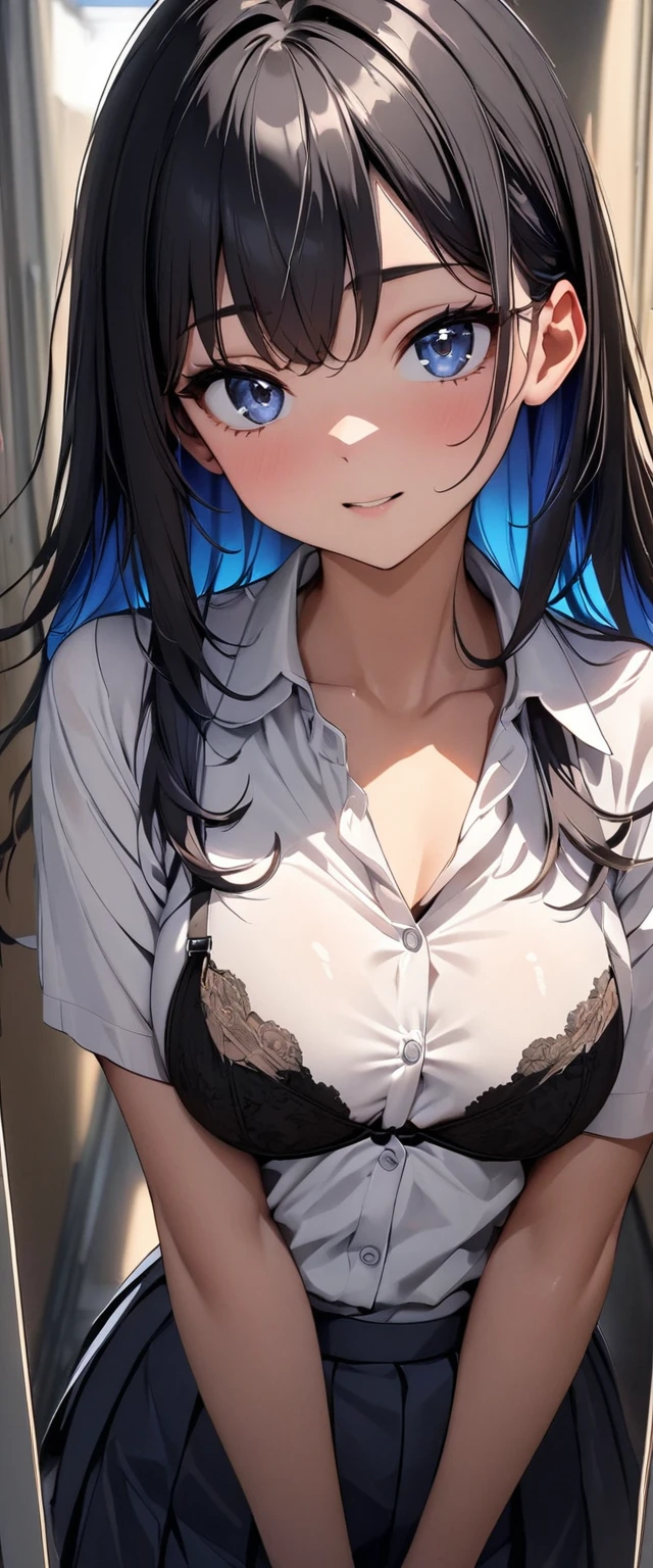 (8K、Highest image quality、highest quality、masterpiece)、detailed face、((1 ))、black hair、long hair、blunt bangs、light blue eyes、evil smile、((grin))、((small breasts))、((see through white shirt))、minimum skirt、((black pleated skirt))、((micro kirt lift)、cowboy shot、Urban background,((see through)),((nipples)),((nipples visible)),((squatting)),((spread legs)),((wet panties)),((show off inside skirt))