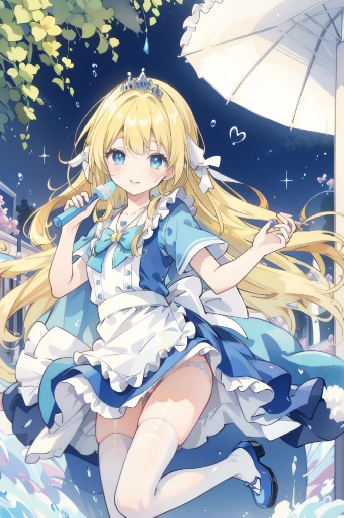 Photorealistic, (masterpiece,Highest quality:1.4),(8k,RAW Photos,Photorealistic:1.2),Not safe at work, Detailed skin,Detailed face,One girl,Princess,Alice in Wonderland,Cute Face, Super Resolution,Retro realistic detailed illustration,,{{{Elaborate,Complicated,wonderful,delicately,extraordinary,Scrupulous,point,Unbelievably,Obsessed,craftsman&#39;s,subtle,celebrity,Skillful,Vibrant, Vivid, Complex}}}, Clearly focused edge, fresh natural gradation, Highest quality, wonderful品質, so beautiful, Absurd,
Pub Sadness,
((yellow, Checkerboard, Frillsの, yellow layered, mini skirt,Overskirt)), ((白いFrillsエプロン)),((shiny Wavy Hair)), crown, Ankle boots, Under the skirt, dress, (((Jumping))), Lift your legs, (Frillsの shirt), ゴシックdress, hair band, Short sleeve, Bow hair, Happy, ;p, Medium Bob,  (Blonde),   ((Wavy Hair)), shimmering eyes, blue eyes, ((yellow hair band)),(((White Frillsの Panties))), (((Skirt flip))), Laughter, blush, dress, Alice (Alice in Wonderland), (Cape), White Frillsの legwear, ((yellow the Bow)), Puff sleeves, Bans, Short sleeve, ((yellow bow ribbon)), Long Hair, (White Frillsの apron), (((tiara))), (((Holding a cute magic wand))). White Frillsの legwear, Frills, yellow ゴシックdress,: q, ((Heart Necklace)), ((ring)), masterpiece, Highest quality, Not safe at work, , , 14, Braided bangs, Arm Garters, Baby Face ,Eyes sparkle, Flat Chest, 
it has been,it has beenii,pastel colour,(Wonderland Garden:1.3),imagine,  ((Soap bubble)), Heart Background, (watercolor),