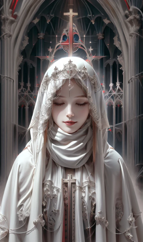 《goddess》, Gothic Style, pale colour、pastel colour, Highly detailed illustration, Ultra-high definition images, Gorgeous costume details, Complex clothing, (cathedral:1.6)(Beautiful and clear background:1.4), (Transparent eye mask:1.1), (scarf:1.3),Long Hair, High resolution, smile, Medieval dress、Virgin Mary