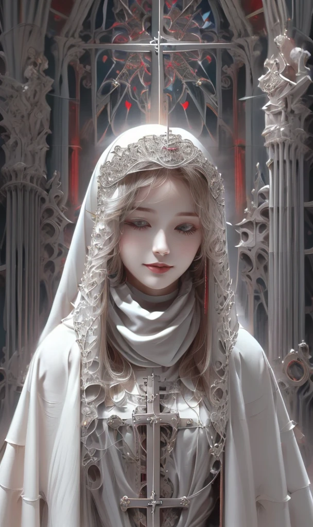 《goddess》, Gothic Style, pale colour、pastel colour, Highly detailed illustration, Ultra-high definition images, Gorgeous costume details, Complex clothing, (cathedral:1.6)(Beautiful and clear background:1.4), (Transparent eye mask:1.1), (scarf:1.3),Long Hair, High resolution, smile, Medieval dress、Virgin Mary