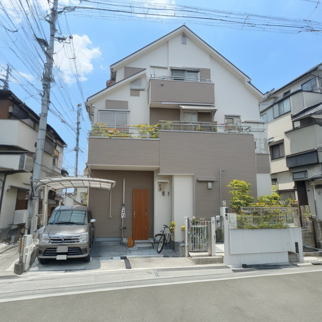 masterpiece, best quality, ultra-detailed, illustration,
jyutaku, japan, scenery, outdoors, sky, power lines, building, road, window, street, utility pole, bicycle, ground vehicle, blue sky, day, house, fence, city, motor vehicle, lamppost, cityscape, realistic, photo background, photo (medium)