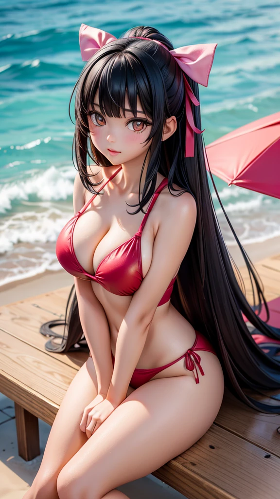 v idol. 29-years-old Japanese woman. very curvasious and medium breast. gold eyes. long black hair to her shoulders and bangs in the front. Red ribbon in her hair, wearing a pink swimsuit, beach bar background, sitting