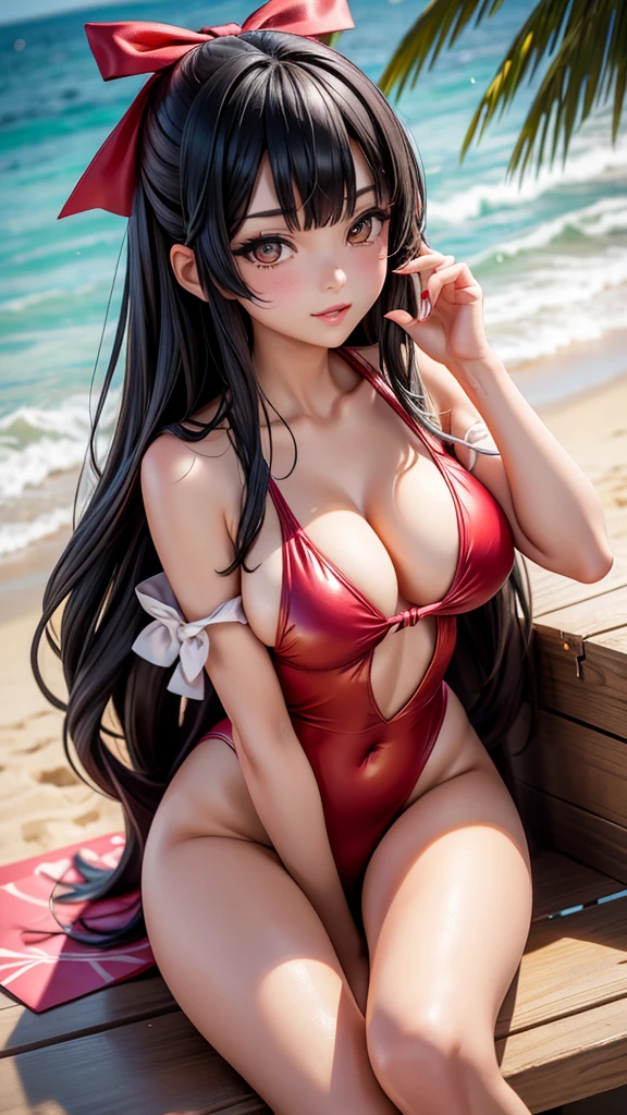 v idol. 29-years-old Japanese woman. very curvasious and medium breast. gold eyes. long black hair to her shoulders and bangs in the front. Red ribbon in her hair, wearing a pink swimsuit, beach bar background, sitting