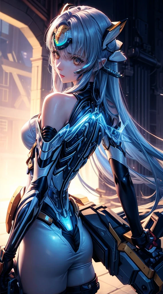 top-quality、​masterpiece、超A high resolution、(Photorealsitic:1.4)、女の子1人、Light blue hair、Straight hair, shiny and clean hair、White shiny skin、Sexy Cyberpunk Girl、((super realistic details))、Shadow、octan render、ultrasharp、hyperdetailed face、Fiberglass、Luminous tube、highly intricate detail、Realistic light、CGSoation Trends、((Golden Eyes))、(Facing the camera)、neon detailechanical limbechanical vertebrae attached to the back、mechanical cervical attaching to neck、Wires and cables connecting to the head、((valkyrie))、((Beam Cannon))、Combat stance