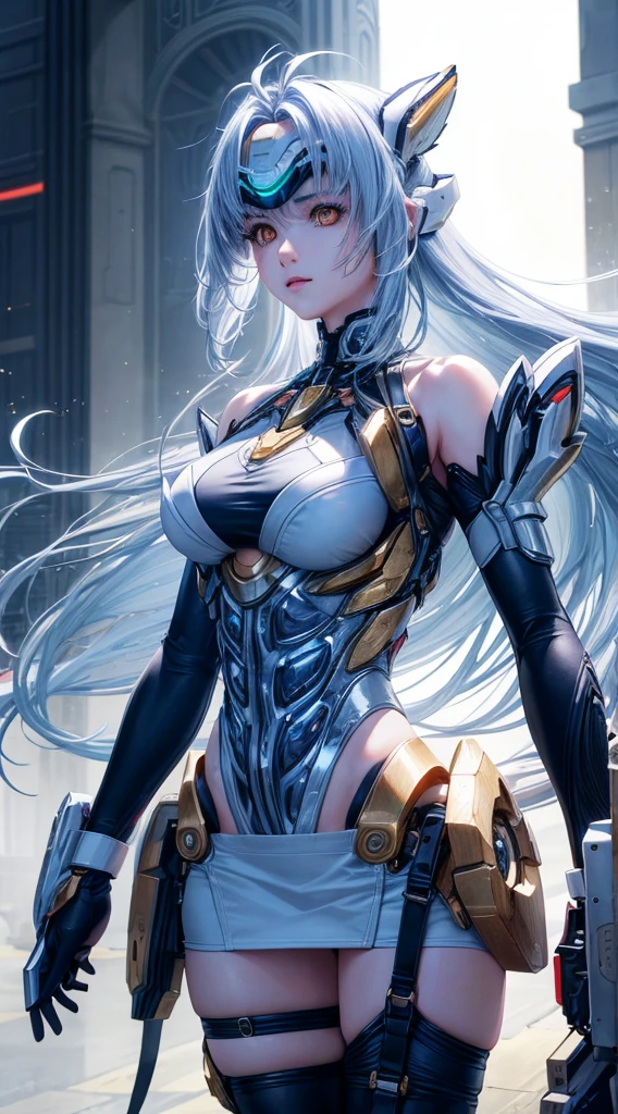 top-quality、​masterpiece、超A high resolution、(Photorealsitic:1.4)、女の子1人、Light blue hair、Straight hair, shiny and clean hair、White shiny skin、Sexy Cyberpunk Girl、((super realistic details))、Shadow、octan render、ultrasharp、hyperdetailed face、Fiberglass、Luminous tube、highly intricate detail、Realistic light、CGSoation Trends、((Golden Eyes))、(Facing the camera)、neon detailechanical limbechanical vertebrae attached to the back、mechanical cervical attaching to neck、Wires and cables connecting to the head、((valkyrie))、((Beam Cannon))、Combat stance