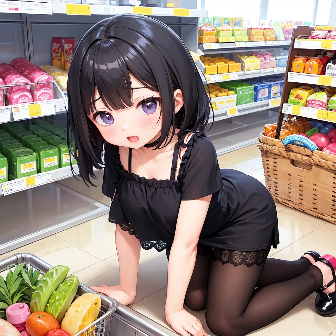 Shopping at the supermarket、There are items in the basket、Pick up and select the product、Merchandise Shed、Have a basket、Inserting a vibrator into your、shame、blush、Pussy juice overflows from the pussy、The vibration of the vibrator makes her pussy juice drip、Vibrator Masturbation、Horny girl、、Her pussy juice is dripping all the way to the floor、Stringy pussy juice、A 、Sheer lace dress、Lace Stockings、Brat、Spectacular Squirting