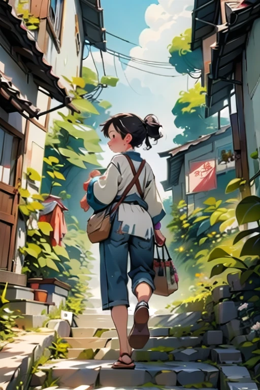 best quality,(masterpiece:1,2),highres,original,perfect lighting,extremely detailed wallpaper,(extremely detailed CG:1.2),Japanese manga style,Studio Ghibli,Hayao Miyazaki style,high saturation,rich details,A girl carrying a bag walking down the street,