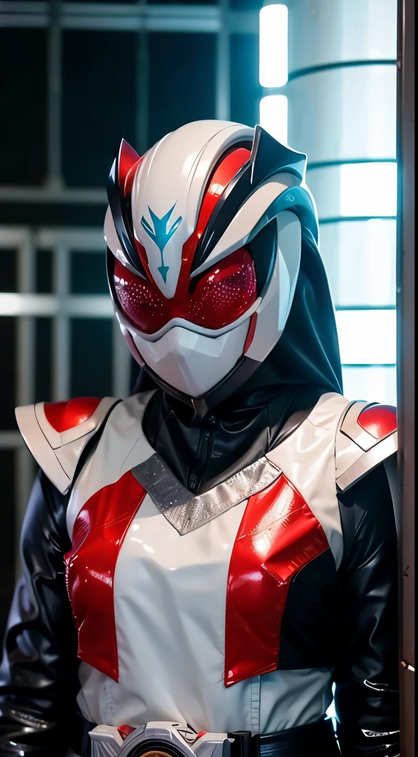 1 malay girl , modern plain hijab, shy, medium portrait shot , watery eyes , light glowing particles, wear Kamen Rider black red, small breast, the toll road background, proportional body,