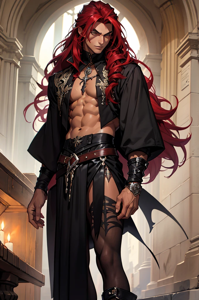 absurdres, highres, ultra detailed, HDR, master piece, best quality, Dante, red hair, long hair, expressive blue eyes, tanned skin, Nu Carnival, solo, sexy man, handsome, horny, lewd, demon, horns, black leather clothes, red cape, accessories, showing the chest, castle, red moon, red trees, red spider lilies, fantasy, dark magic