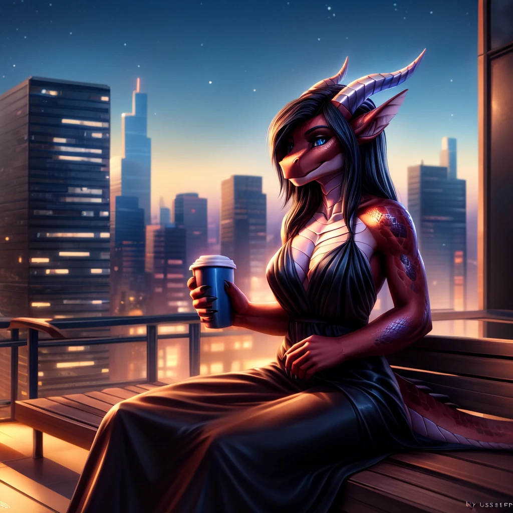 Anthro dragon, red-skinned, female, (Detailed scales: 1.2), solo, 1 person, 8k, 4k, (masterpiece: 1.4), (best quality: 1.4), (illustration: 1.2), (cinematic lighting: 1.3), (Ultra detailed: 1.7), long, flowing black hair, she smirks confidently out at a sprawling city skyline, black silk dress, dark blue-gray eyes, holding a cup of hot coffee, polished black pair of horns, sitting on the bench on skyscraper roof, scaled chest