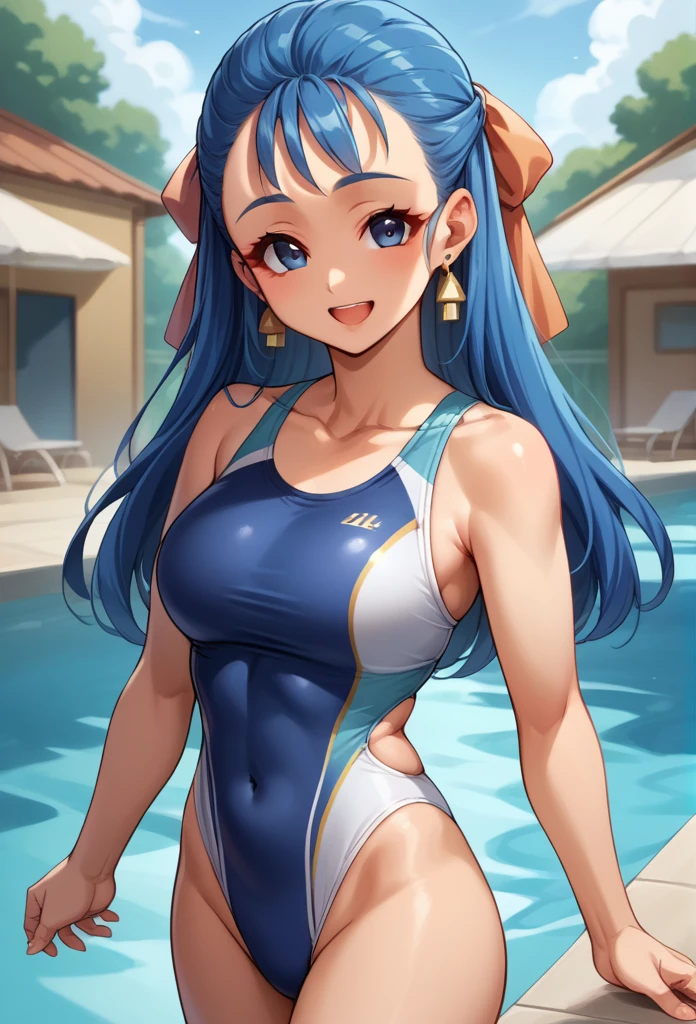 score_9, score_8_up, score_7_up, score_6_up, source_anime, BREAK 1girl, nera, hair ribbon, , earrings, blue competitive swimsuit, , looking at you, medium bust, , happy, smiling, mouth closed, full body, standing pose, indoor pool