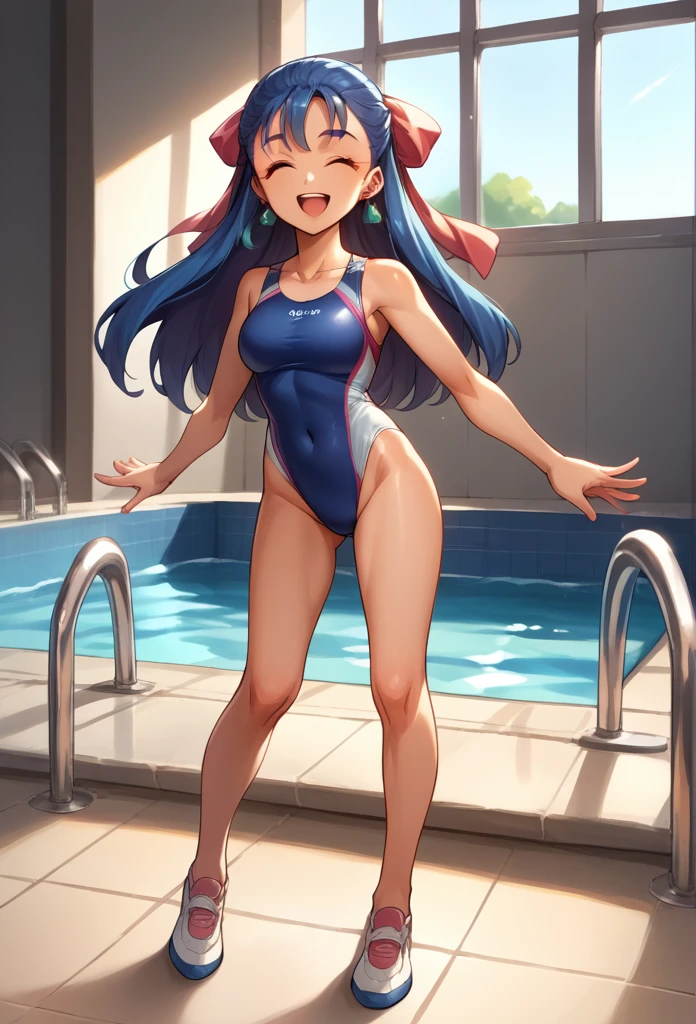 score_9, score_8_up, score_7_up, score_6_up, source_anime, BREAK 1girl, nera, hair ribbon, , earrings, blue competitive swimsuit, , looking at you, medium bust, , happy, smiling, mouth closed, full body, standing pose, indoor pool