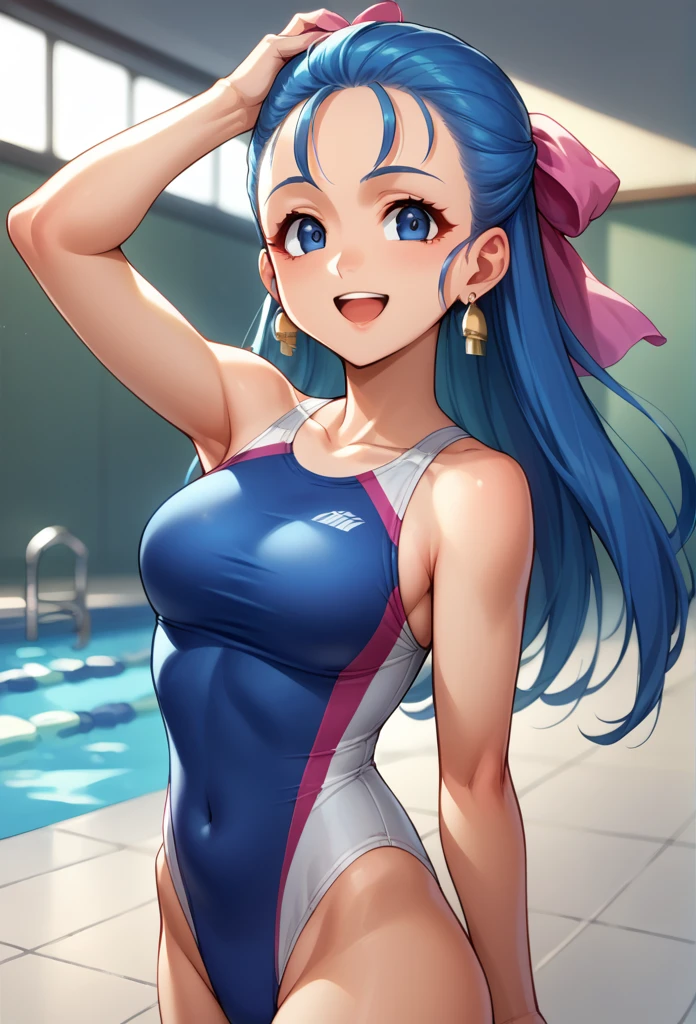 score_9, score_8_up, score_7_up, score_6_up, source_anime, BREAK 1girl, nera, hair ribbon, , earrings, blue competitive swimsuit, , looking at you, medium bust, , happy, smiling, mouth closed, full body, standing pose, indoor pool