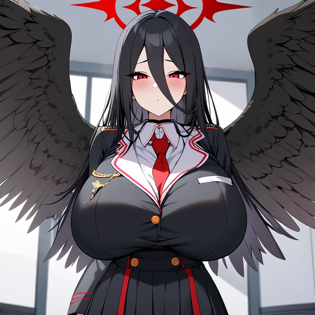 hasumi(blue archive),1girl,solo,halo,wing,huge breasts,looking at viewer,near,standing up,in room