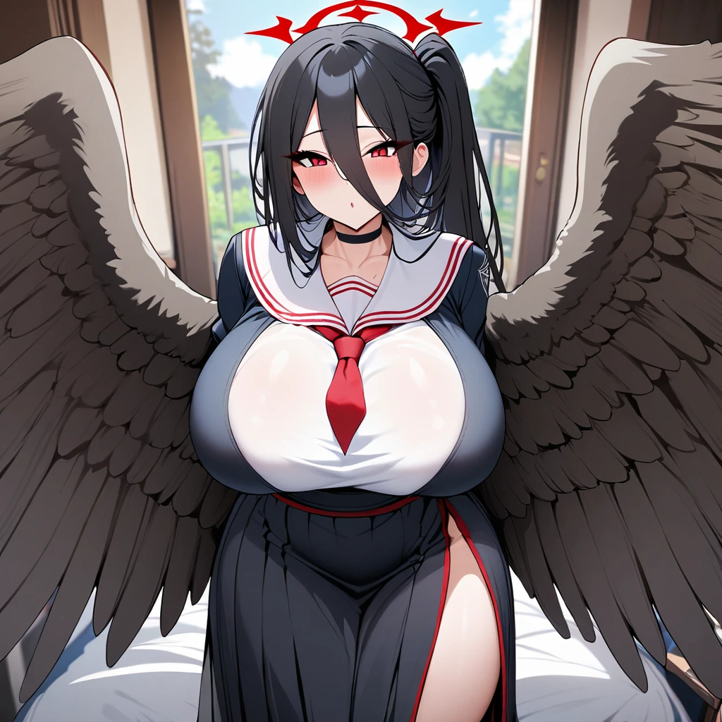 Sexy, naked, albedo, succubus, demon horns, waist wings, black feathers, black hair, laying on bed, laying on back, looking at viewer, legs spread, seductive look, smiling, drooling, open arms, undressed, visible breath, heart eyes, tongue out, pussy visible,