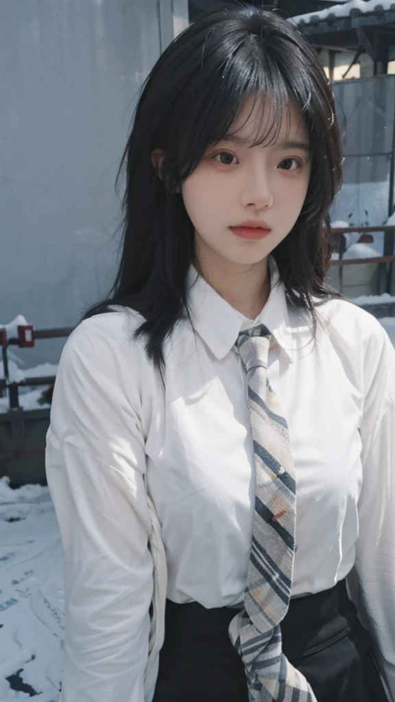 Best quality,masterpiece,Ultra-high resolution,snow,16K,Snow background,(Photo Realism:1.4),1 Girl,JK,Sexy,(Shirt and Tie:1.2),(Big breasts:2.3),(Upper body:1.4)