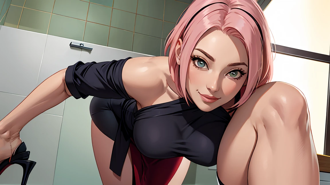 (in charol stiletto heels)((big nude ass))((BOG TITS))((perfect face))((sexy))(((Suit))), Masterpiece, The best quality at the best, 1girll, Sakura Haruno, BIG BREASTS,Off the shoulder clothing,transparent miniskirt ,(neckline),(Closeup of upper body),Sexy servant,is shy,smile,with pink hair, Long whitish hair, There is a woman with pink hair and stockings posing in a bathroom, Lower angle, illuminated from behind, on knees, thighs and skirt, on knees, peeping from behind, thighs close up, curvy accentuated booty, Hyperrealistic in tight short dress , tucked knees, bend, hugging his knees, illuminated from below, View from behind