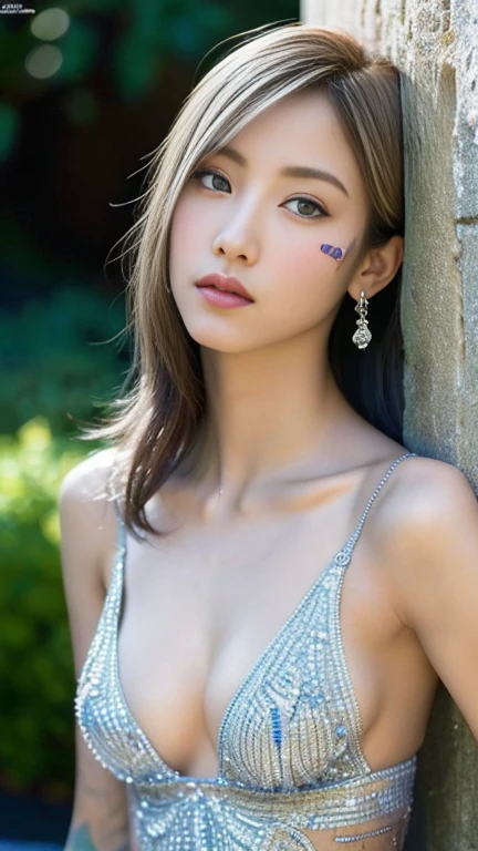 Anime-style woman, thin, thin, whole body, Full of tattoos, Lots of earrings, Beautiful and shiny hair, Rainbow Eyes, Slanted Eyes, Wavy silver hair, Kind and charming, shoulderを露出させる, Delicate and sexy collarbone, Attractive oval face, double eyelid, Pink Lips, Small Nose, Concentrated face, Ultra-high resolution, Very detailed, Graceful posture, Nice, ultra-thin,whole body，arm，shoulder，chest，Egyptian blue rhinestone body art paint on genitals, Glowing Skin, Realistic Background, sunlight，Sunburned, Sunburn，Burning idol pose，Rhinestone pattern on the body