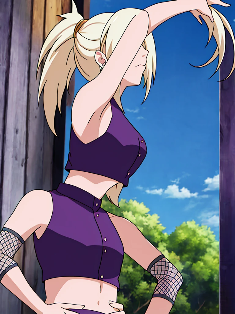 ino yamanaka, ino shippuden, armpits, hands on hips, posing, hair over one eye, high ponytail, blue eyes, masterpiece, solo, 1girl, sleeveless, purple crop top, fishnets, bare shoulders, upper body