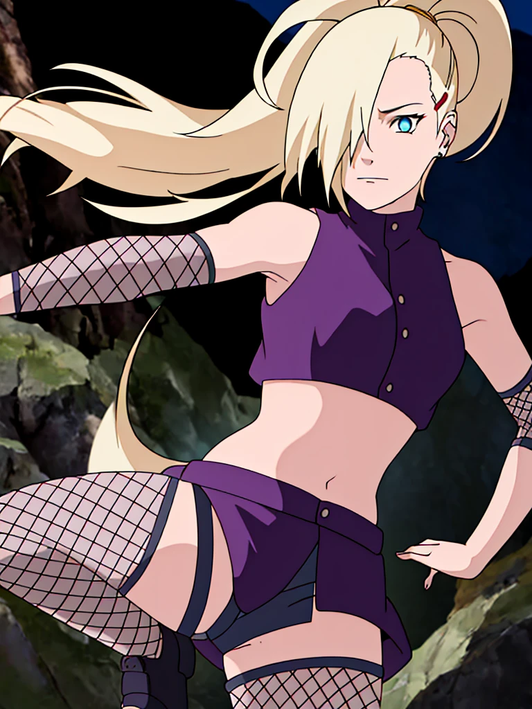 ino yamanaka, ino shippuden, armpits, hands on hips, posing, hair over one eye, high ponytail, blue eyes, masterpiece, solo, 1girl, sleeveless, purple crop top, fishnets, bare shoulders, upper body