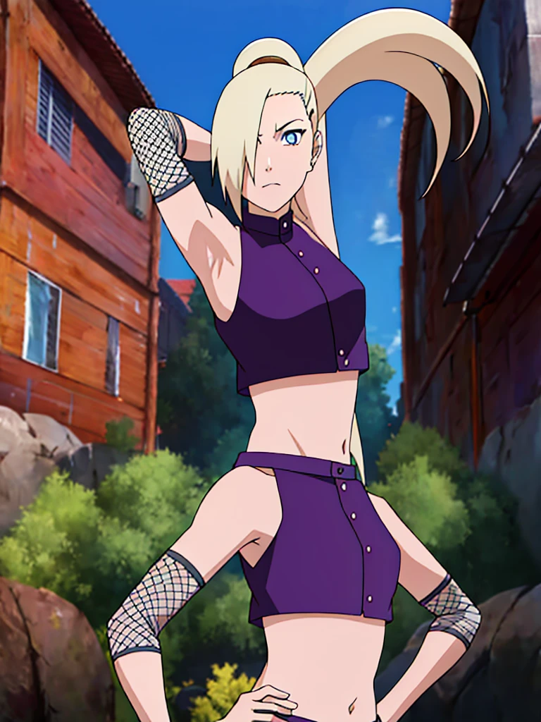 ino yamanaka, ino shippuden, armpits, hands on hips, posing, hair over one eye, high ponytail, blue eyes, masterpiece, solo, 1girl, sleeveless, purple crop top, fishnets, bare shoulders, upper body