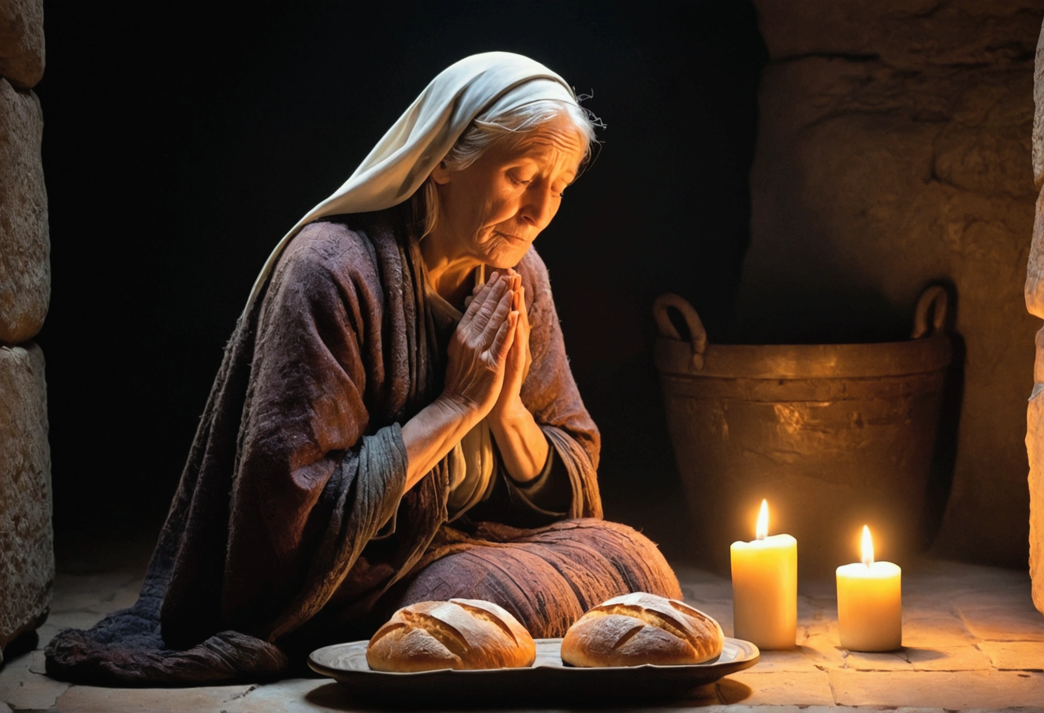 Woman dressed in clothing from the time of Jesus. pobres, suffering face, sad and wrinkled look, Caucasian white woman kneeling, praying with a divine light descending upon her Bread and fruit on the floor. As if she was grateful for the humble food. Intricate half-length portrait of a very elderly Caucasian woman with wrinkles, lit by warm candles, with a mysterious dungeon setting . stunning interpretive visuals, maximalist scarf and veil. F1.0 spring, change of inclination, DOF raso. dramatic lighting. Bright dark,