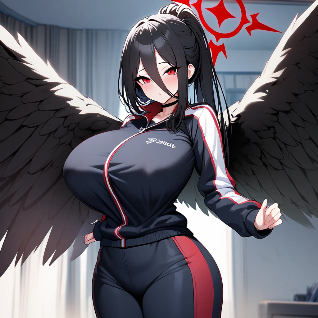 hasumi(blue archive),1girl,solo,halo,big wing,track suit,huge breasts,looking at viewer,near,standing up,in room