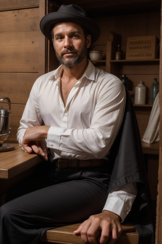 a man, 39 years old, with a beautiful angelic face, short beard, wearing a gaucho hat, dressed in a luxurious black cape, long sleeves, white shirt and brown bombachas, behind him a black horse with an open front, he looks proud as he sits at a table with veterinary tools, serious and charming face