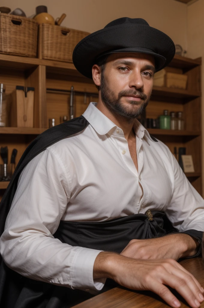 a man, 39 years old, with a beautiful angelic face, short beard, wearing a gaucho hat, dressed in a luxurious black cape, long sleeves, white shirt and brown bombachas, behind him a black horse with an open front, he looks proud as he sits at a table with veterinary tools, serious and charming face