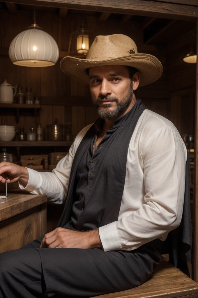 a man, 39 years old, with a beautiful angelic face, short beard, wearing a gaucho hat, dressed in a luxurious black cape, long sleeves, white shirt and brown bombachas, behind him a black horse with an open front, he looks proud as he sits at a table with veterinary tools, serious and charming face