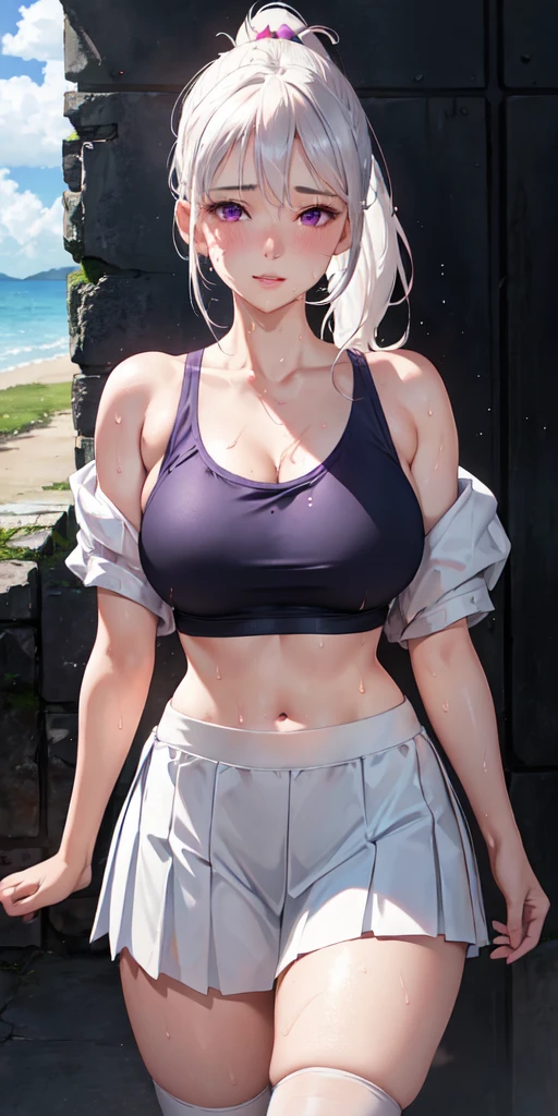 realistic, 1girl, ponytail, parted lips, blush, makeup, light smile, white hair, sportswear, skirt, wet clothes, glow, thighs, purple eye, bare shoulders, collarbone, narrow waist, sunbeam, sunlight, rose, wind, cleavage, (masterpiece), sweat,