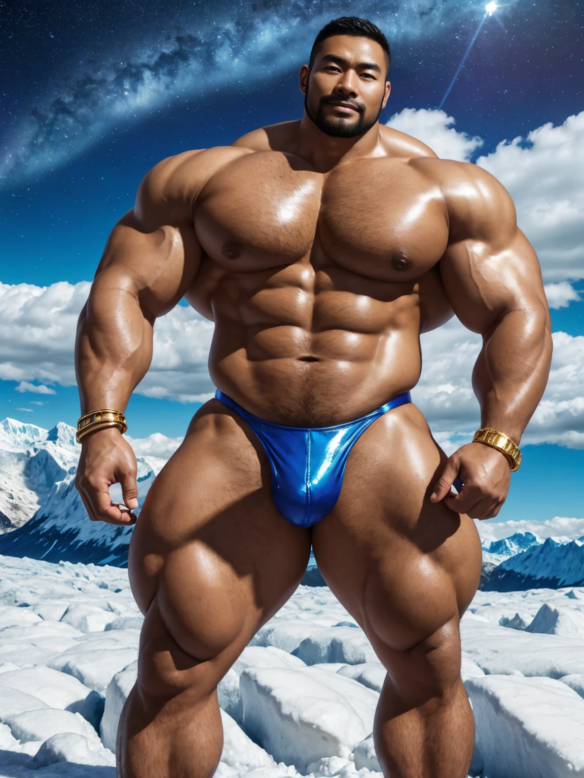 There is only one handsome Chinese man in the photo，35 years old，tall, Fitness，Smooth body，Smooth skin，No chest hair，short hair, O-Shaped Beard，Perfect body, Dark skin color，Radiant Skin，Smooth skin，Shiny, shiny skin，Smooth pectoral muscles，Muscle bulge, muscular, Very large pectoral muscles，Very sexy abdominal muscles，Very well-developed leg muscles，Huge concave and convex area，Brightens oily skin，Wearing a shiny gold leather thong，Handsome face，Normal human toes，Correct and accurate male body proportions，Gold Collar，Gold bracelet，Gold anklets，Stand on a glacier，Night sky，A sky full of stars，There are auroras，Colorful，Charming dream scene，Epic。
