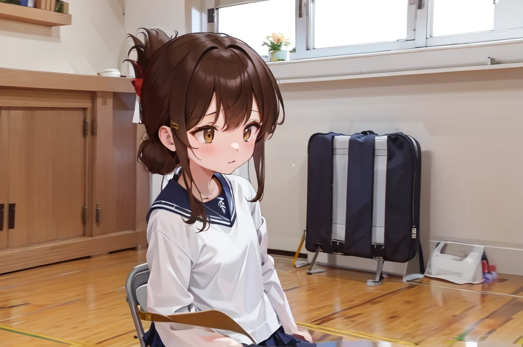 A female student in a sailor uniform sitting on the floor of the gymnasium and watching a physical education class because she feels unwell,(masterpiece, best quality:1.2),illustration,8k,HD,1girl,独奏,upper body,(portrait:1.2),brown_hair,folded_ponytail,brown_eyes,serafuku,long_hair,school_uniform,skirt,pleated_skirt,