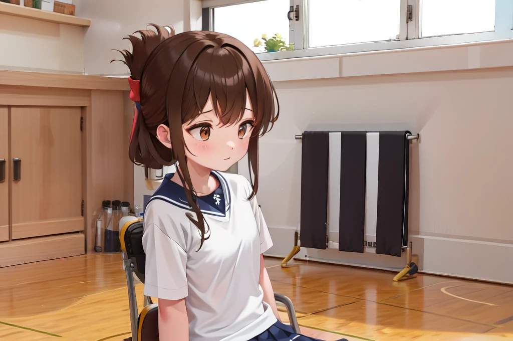 A female student in a sailor uniform sitting on the floor of the gymnasium and watching a physical education class because she feels unwell,(masterpiece, best quality:1.2),illustration,8k,HD,1girl,独奏,upper body,(portrait:1.2),brown_hair,folded_ponytail,brown_eyes,serafuku,long_hair,school_uniform,skirt,pleated_skirt,