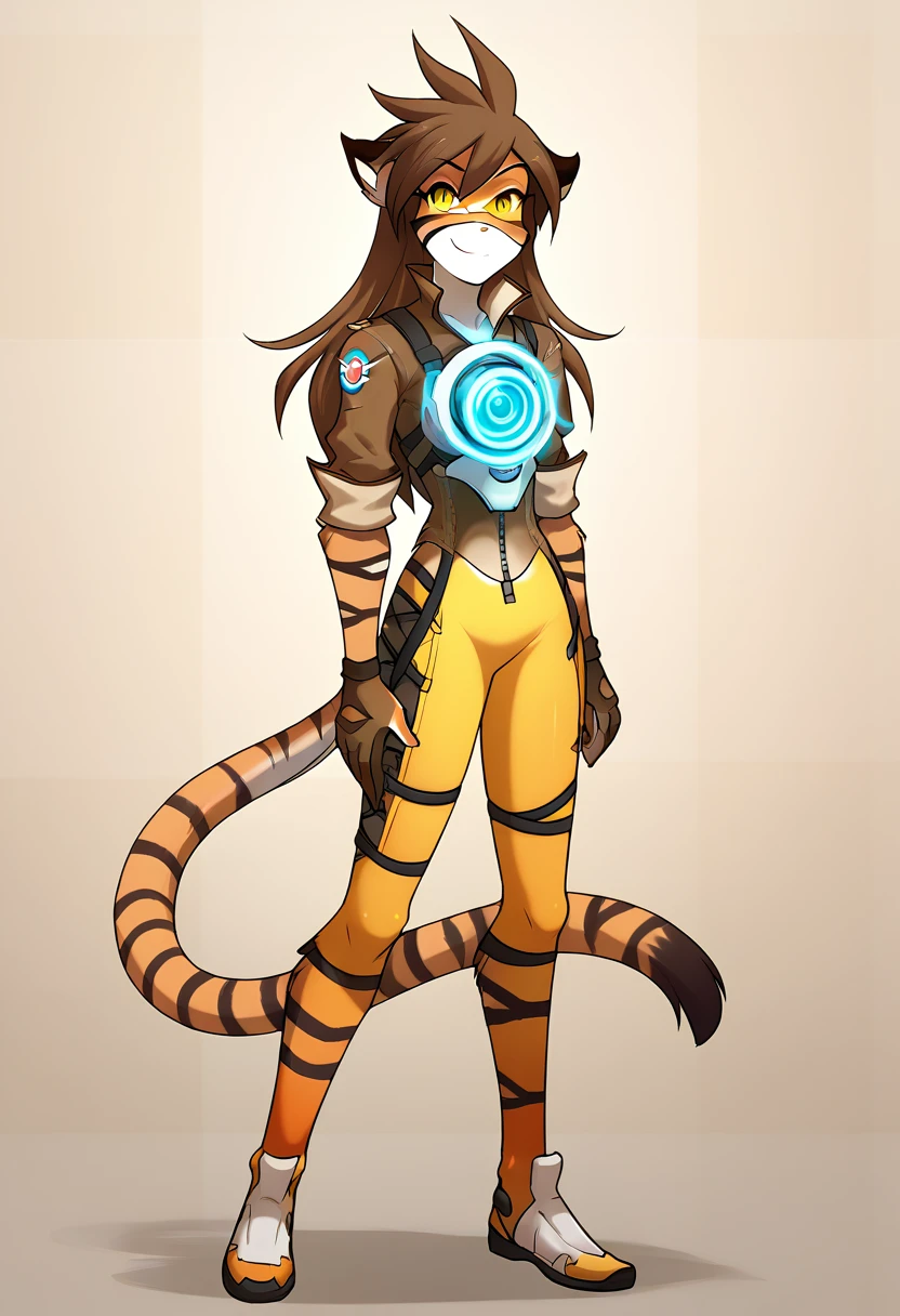 score_9, score_8_up, score_7_up, score_6_up, score_5_up, score_4_up, rating_explicit, source_furry, female, cute anthro female, cute face, detailed background, looking at viewer, solo, solo focus, (digital pen line-art, soft lines, soft shading, pinup, cartoon, anime:1.24), (tkflora, tiger, striped fur, keidran, yellow eyes, anthro:1.2), (tracer \(Overwatch), jumpsuit:1.2), , smile, smug, full body, long hair standing