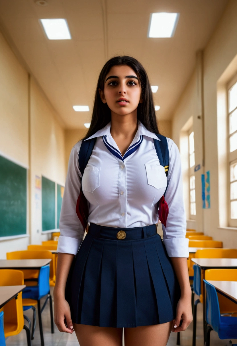 Super tall arabian girl, in school uniforms , busty, thicc, 8 feet tall, heads almost touching The ceiling. Looking Down (( unrealistic worlds largest breats))