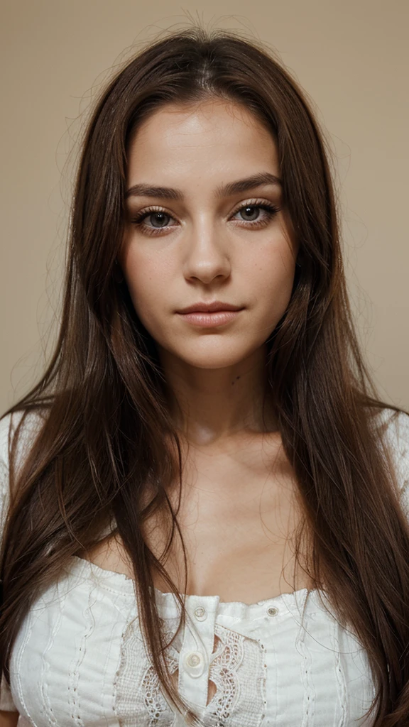 Portrait d'une femme avec un visage magnifique, visage harmonieux, grand yeux marrons clair, bouche pulpeuse, traits fins, élégante, ultra réaliste 