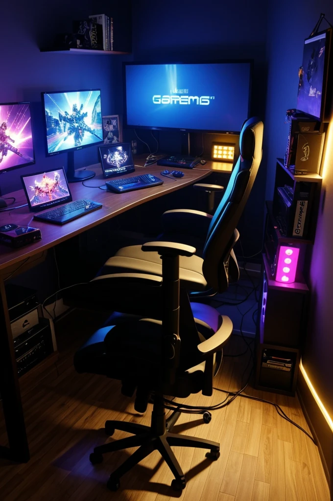Wallpaper of a gamer studio room with lights and LED panels, gamer chair and a game decoration box