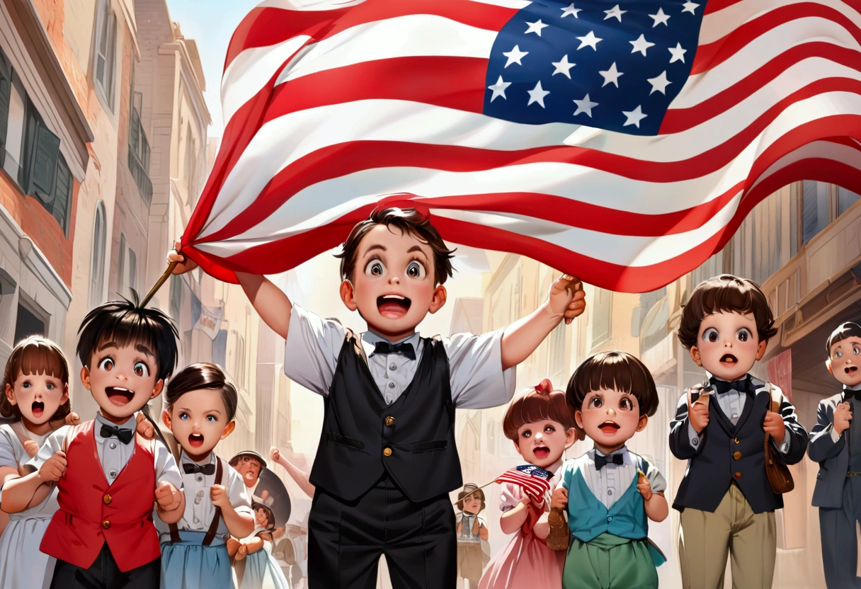 Classic TV, the little rascals, playfully hold up a MAGA banner, An american flag in the background