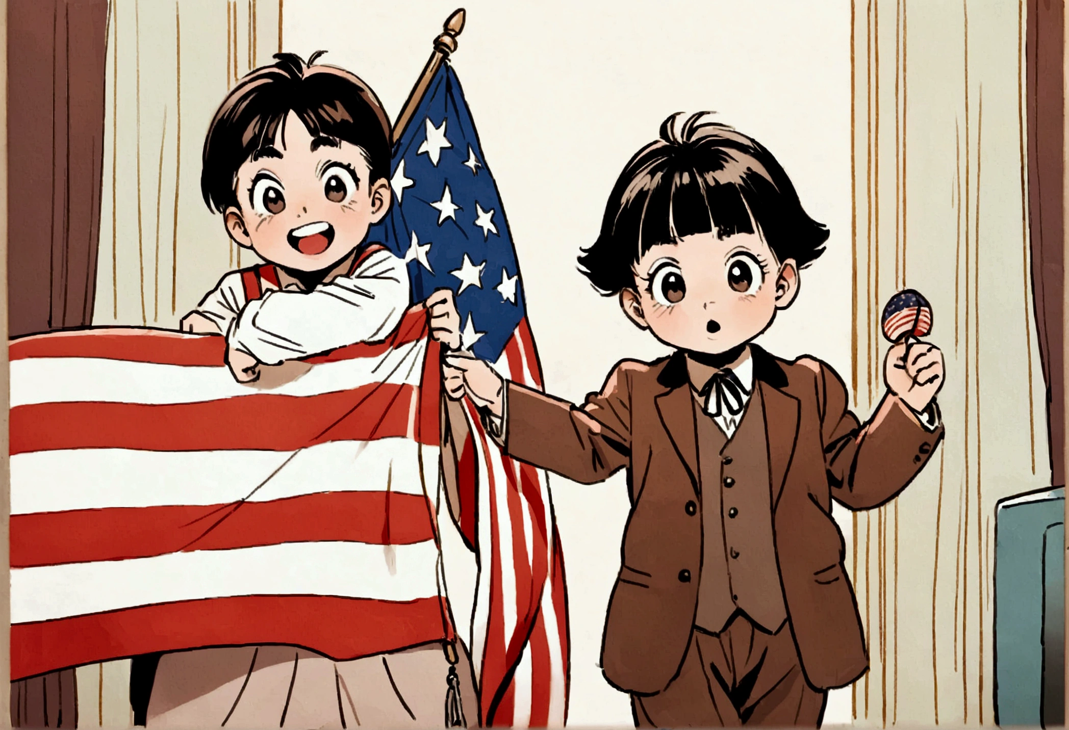 Classic TV, the little rascals, playfully hold up a MAGA banner, An american flag in the background